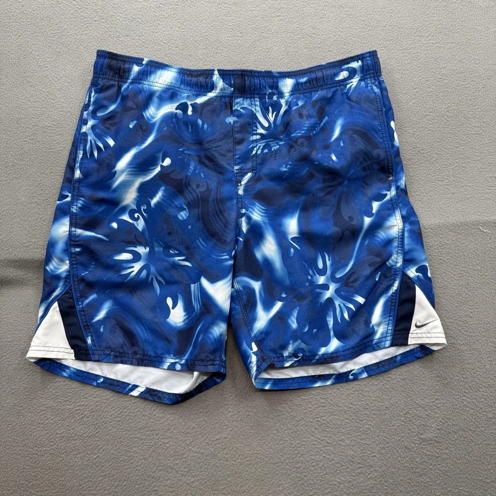 Nike Swim Shorts Mens Large Blue Hawaiian Floral Trunks‎ Mesh Lined Quick Dry